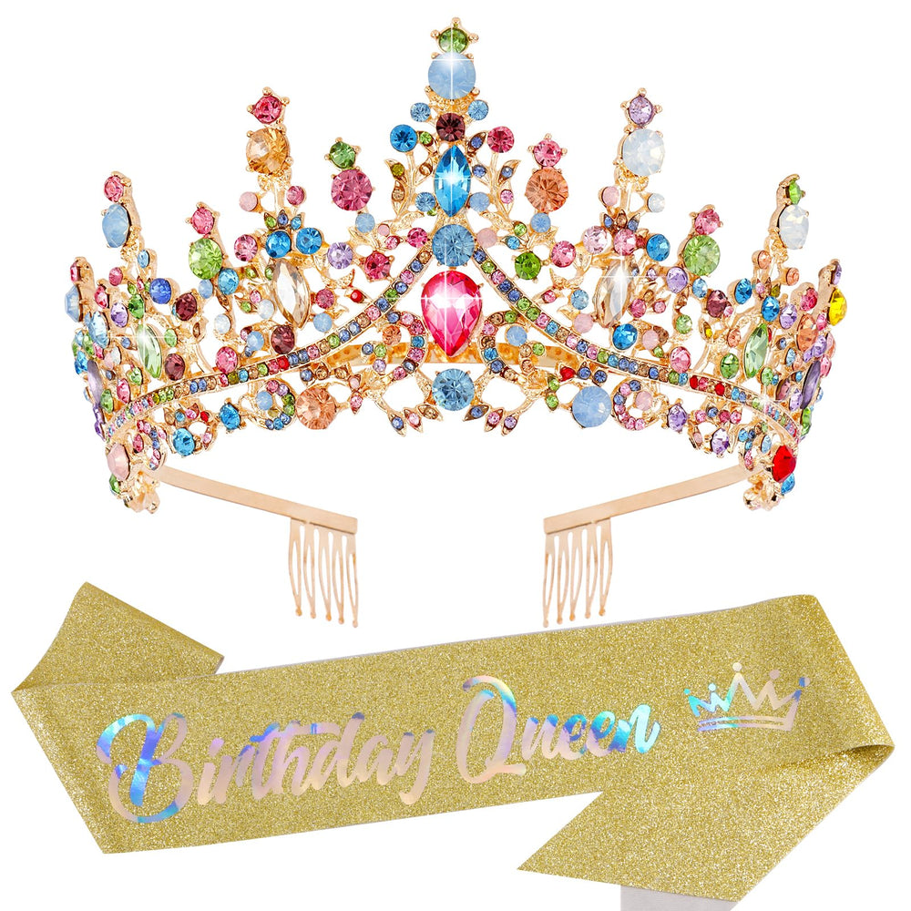 VELSCRUN Corona Reina Cristales Coloridos: accesorio deslumbrante para fiestas y sesiones fotográficas.