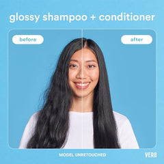 VERB Glossy Shampoo, aceites de durazno, rosa mosqueta y squalane para hidratación.
