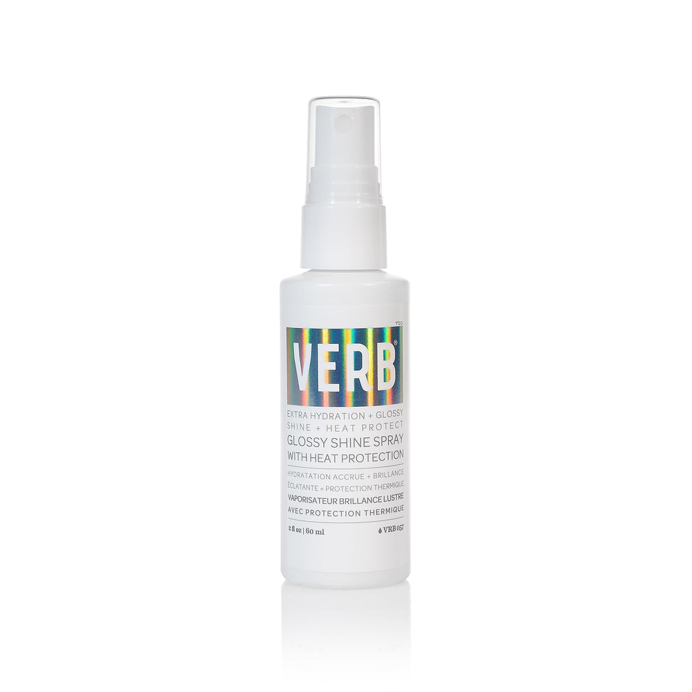 VERB Glossy Shine Spray: botella de 2 onzas para brillo y protección térmica.