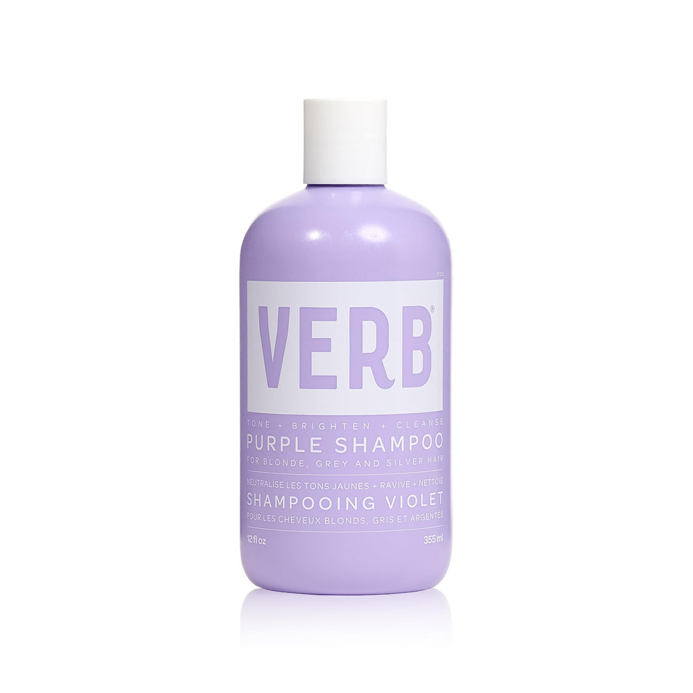 VERB Purple Shampoo bottle pour showing color-neutralizing action for brassiness