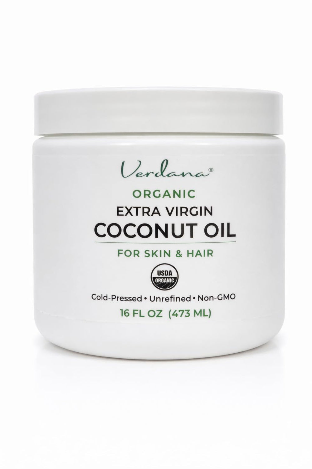 Verdana Aceite de Coco Orgánico Extra Virgen, frasco amplio para uso diario en piel.