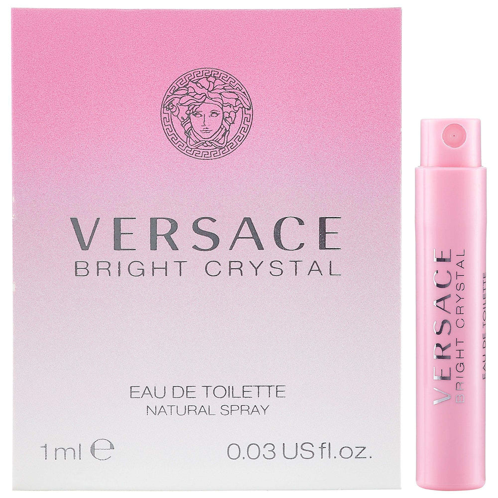 Versace Bright Crystal mini vial on card front supports easy sampling on the go