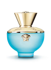 Versace Dylan Turquoise bottle front view, vibrant, daytime-friendly impression