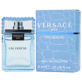 Versace Man Eau Fraiche mini bottle close-up, highlighting a fresh, aquatic scent for daily wear.