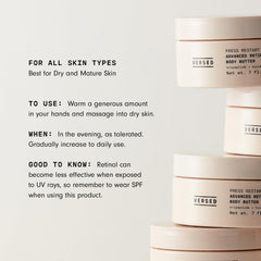 Versed crema retinol avanzado, textura esponjosa, distribución uniforme para piel más suave.