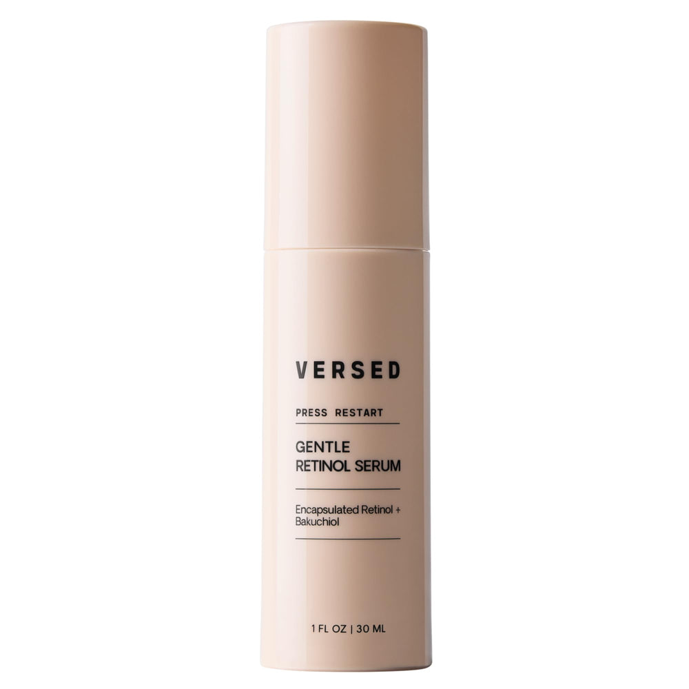 Versed Press Restart serum bottle close-up highlighting the gentle bakuchiol formula