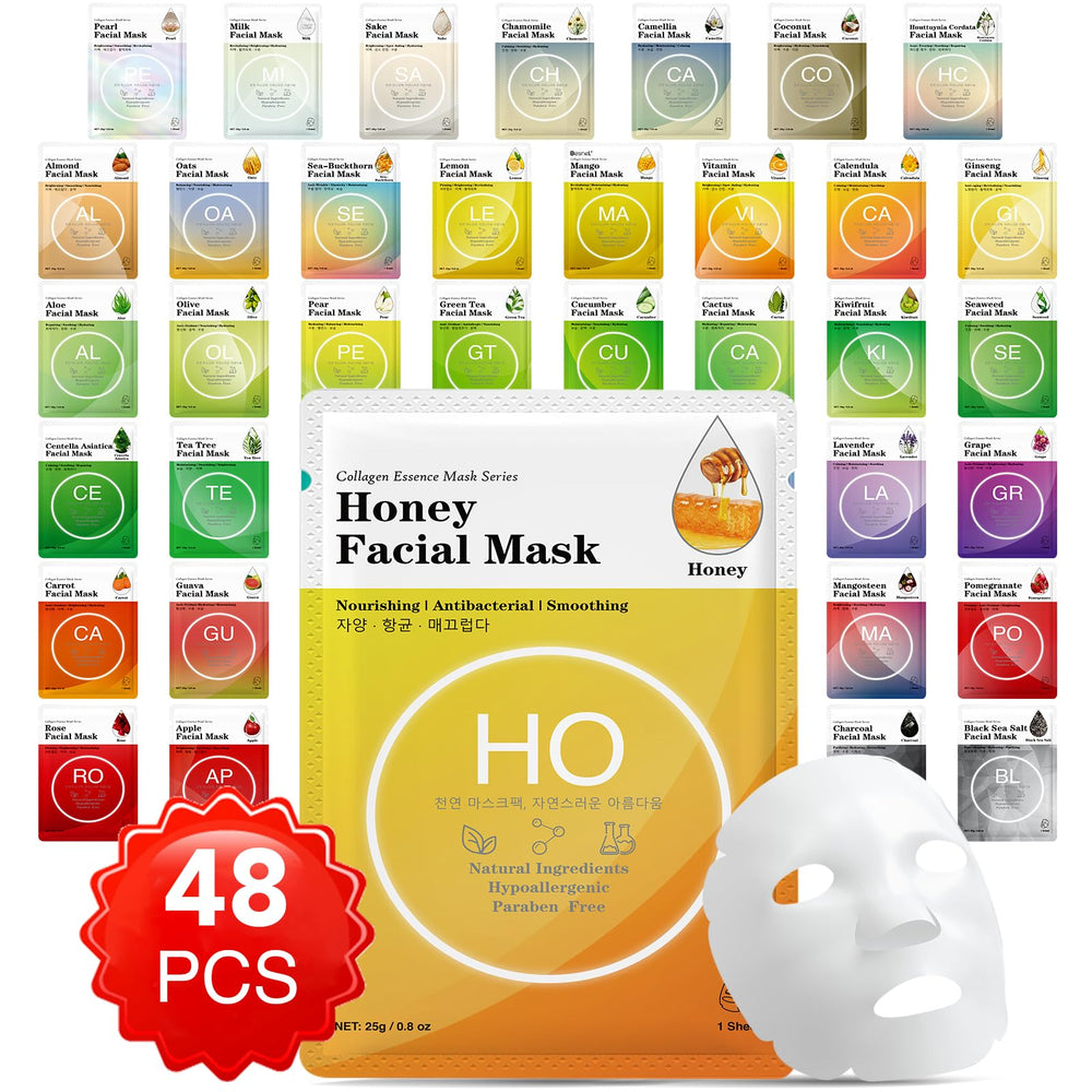 VESPRO mascarillas de colágeno essence, empaque de 48 para hidratación diaria.