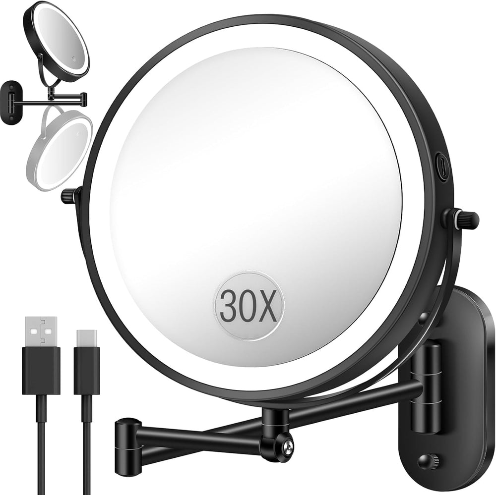 VFD wall-mounted mirror with 30x/1x magnification for precise makeup tasks.