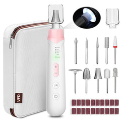 VFD cordless electric nail file drill in front view with pink housing for home nail care.
