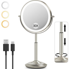 VFD makeup mirror height-adjustable stand for ergonomic desk setup.
