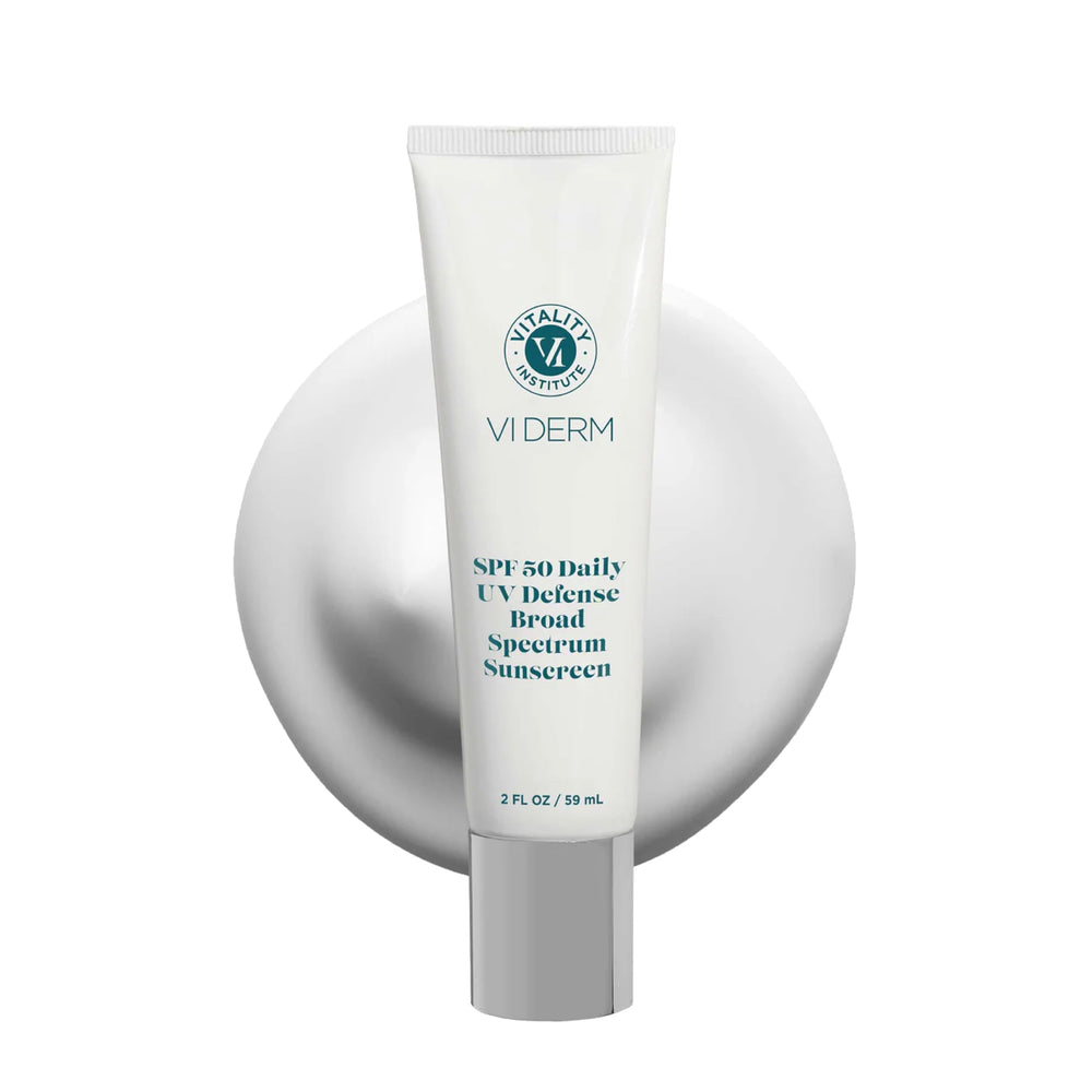 VI Derm SPF 50 Daily sunscreen bottle shows lightweight, non-greasy protection.