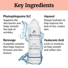 Applying Vibriance Age Defying Body Serum on the arm for quick hydration.