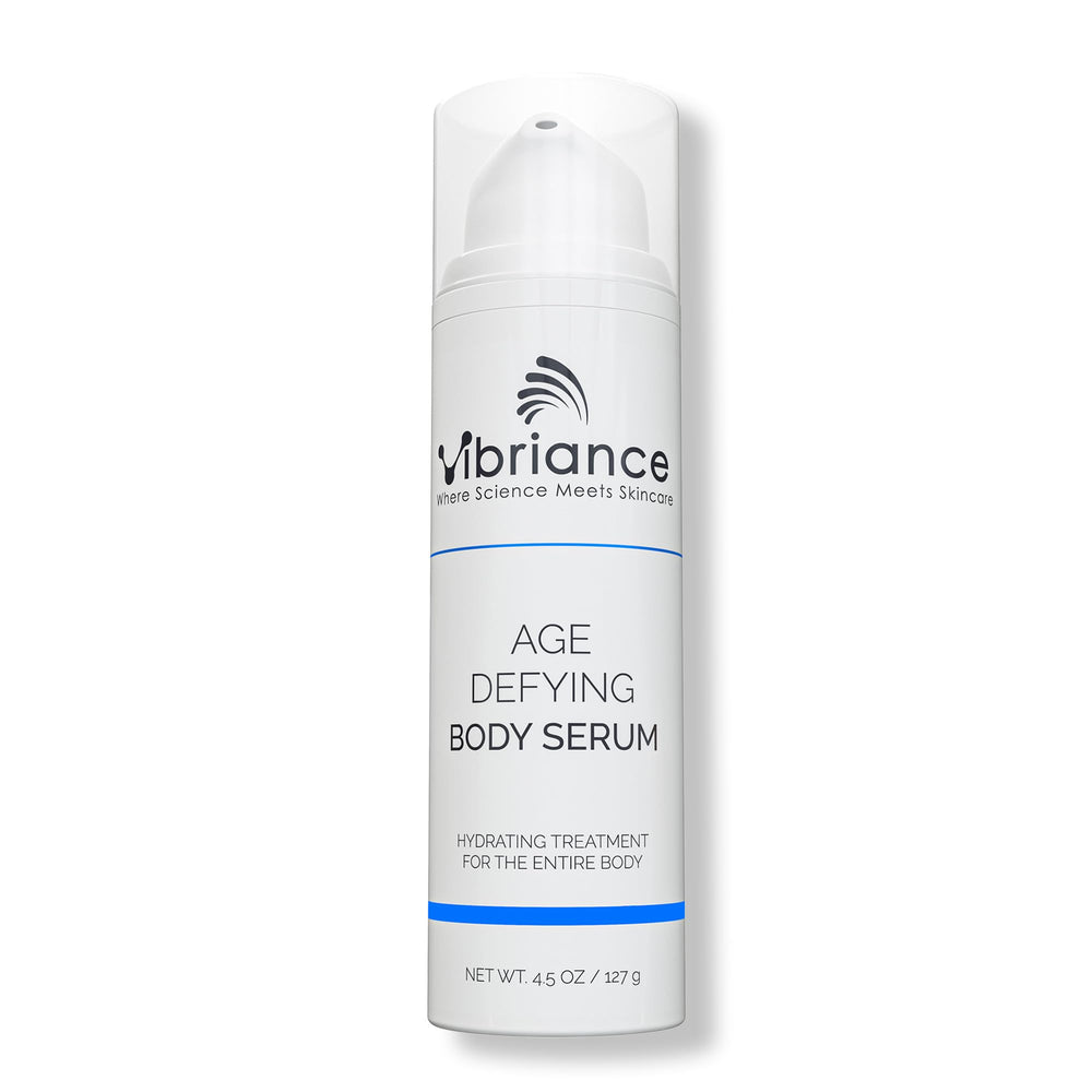 Vibriance Age Defying Body Serum bottle showing premium packaging and deep hydration.