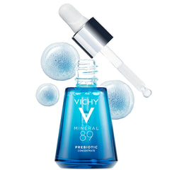 Vichy Mineral 89 serum bottle close-up shows hydrating barrier-supporting formula.