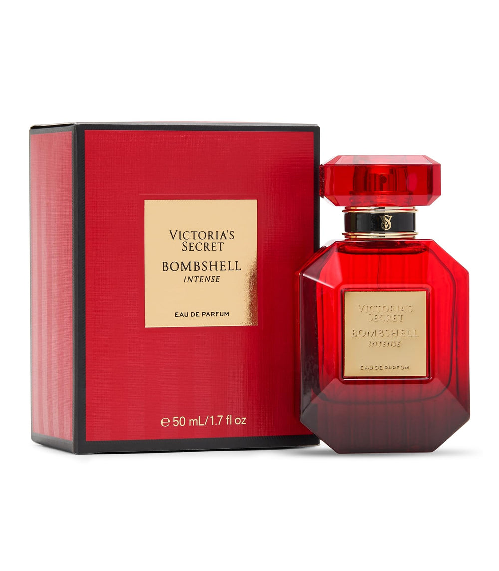 Victoria's Secret Bombshell Intense bottle, front view, elegant glass design.