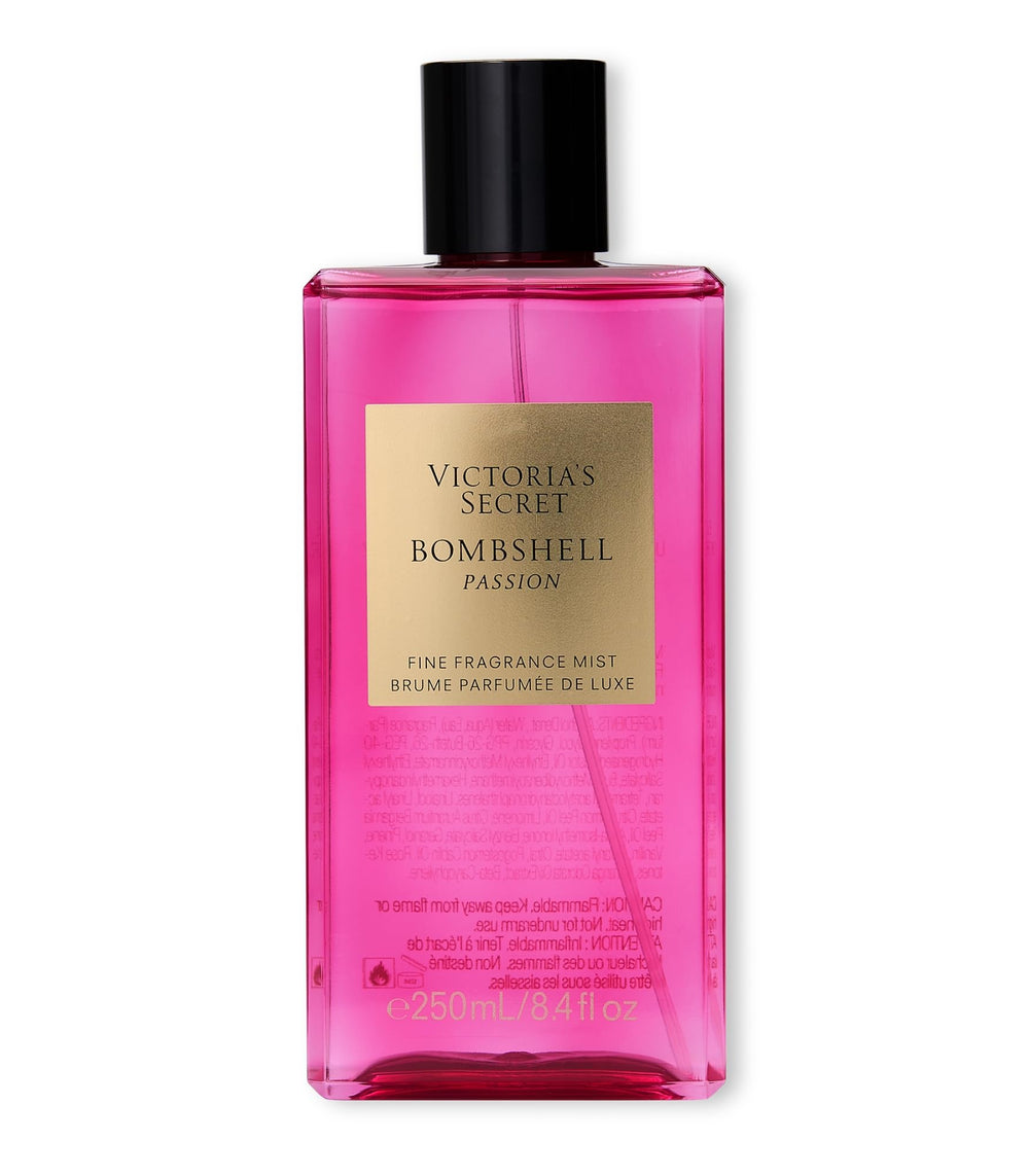 Victoria's Secret Bombshell Passion mist bottle highlighting a fresh floral scent.