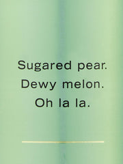 Victoria's Secret Pear Glace bottle back view, hints of sugared pear and dewy melon.