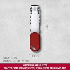 Closeup of the stainless steel Victorinox nail clipper for precise trimming.