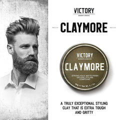 Victory Claymore bottle close-up emphasizes matte finish and oil-absorbing clay.