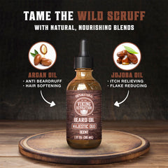 Argan and jojoba ingredients label emphasizing natural nourishment for beard and skin.