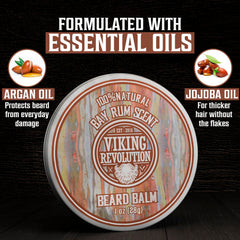 Viking Revolution bay rum beard balm tin emphasizes masculine aroma and long-lasting conditioning.