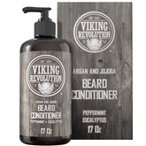 Viking Revolution beard conditioner bottle highlights argan and jojoba oils for hydration.