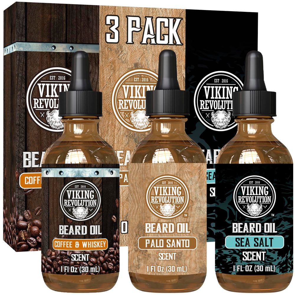 Viking Revolution 3-pack beard oil front view shows conditioning