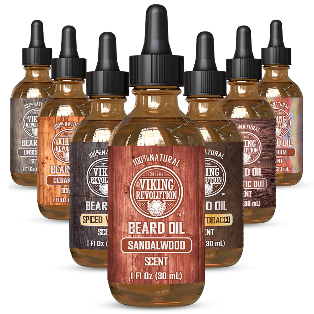 Viking Revolution beard oil bottle with sandalwood scent for refined grooming