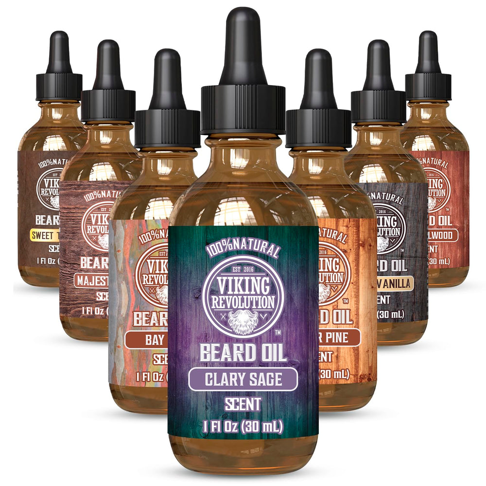 Viking Revolution beard oil bottle emphasizes Clary Sage scent for lasting fragrance