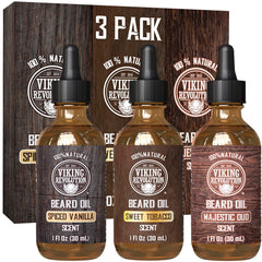 Viking Revolution beard oil spiced vanilla bottle close-up for conditioning