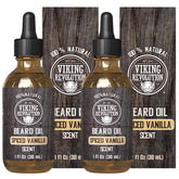 Viking Revolution beard oil with spiced vanilla bottle ready for daily use and fragrance.