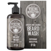 Viking Revolution beard wash bottle with argan and jojoba oils for hydrated, manageable facial hair.