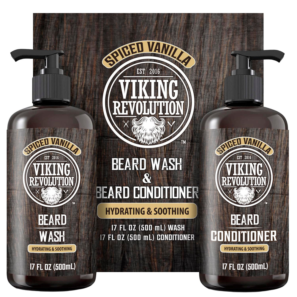 Viking Revolution beard wash bottle with argan and jojoba lather cleanses deeply.