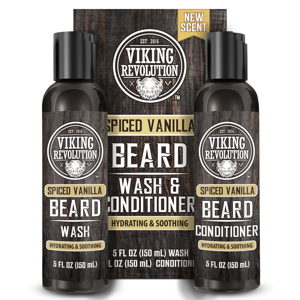 Viking Revolution beard wash bottle with spiced vanilla scent for daily cleansing.