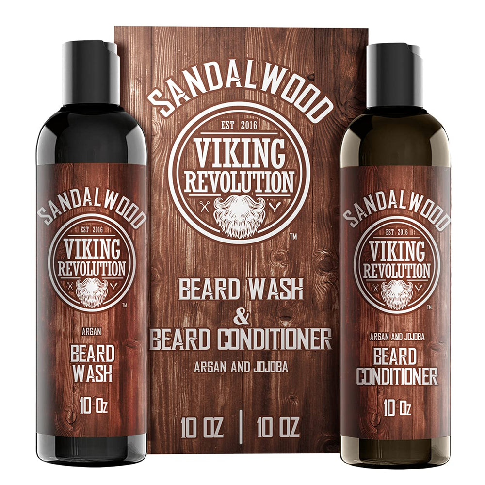 Viking Revolution beard wash bottle showing cleansing action for a refreshed beard.