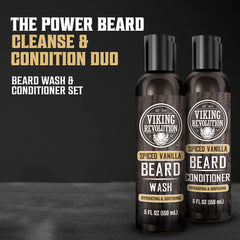 Viking Revolution beard wash label highlights natural oils for nourished beard.