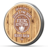 Viking Revolution Cedar and Pine Beard Balm jar ready for use, tamed beard ahead