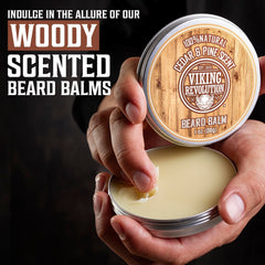 Viking Revolution clary sage beard balm tin shows refreshing fragrance and soft beard feel.