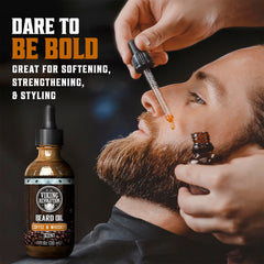 Viking Revolution Coffee Whiskey Beard Oil label close-up with natural ingredients