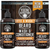 Viking Revolution beard wash bottle pour with rugged coffee whiskey scent