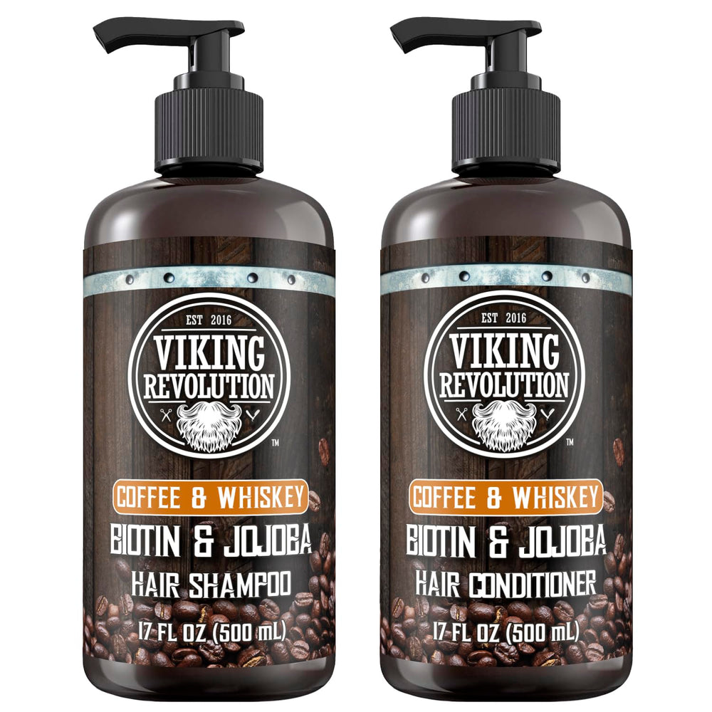 Viking Revolution Coffee Whiskey Shampoo bottle with bold scent and cleansing action.