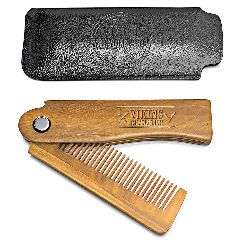Viking Revolution folding-beard-comb-with-pouch for travel grooming and knot-free styling.