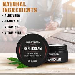 Close-up of Viking Revolution hand cream texture highlighting creamy, light feel.