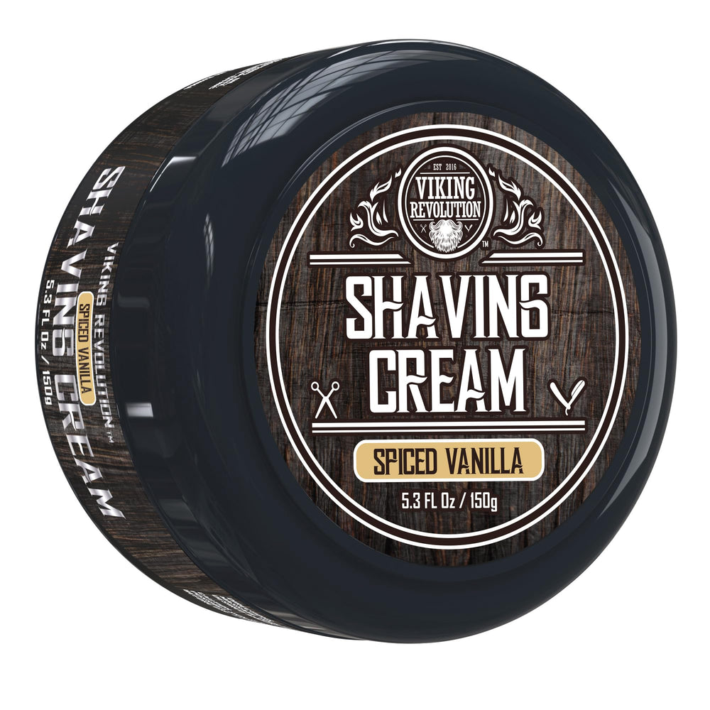 Viking Revolution luxury shaving cream with vanilla scent in jar for a smooth shave.
