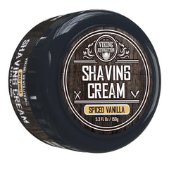 Viking Revolution luxury shaving cream with vanilla scent in jar for a smooth shave.