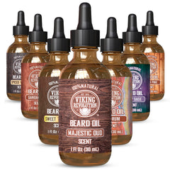 Viking Revolution Majestic Oud beard oil bottle highlighting premium formula for lasting scent.