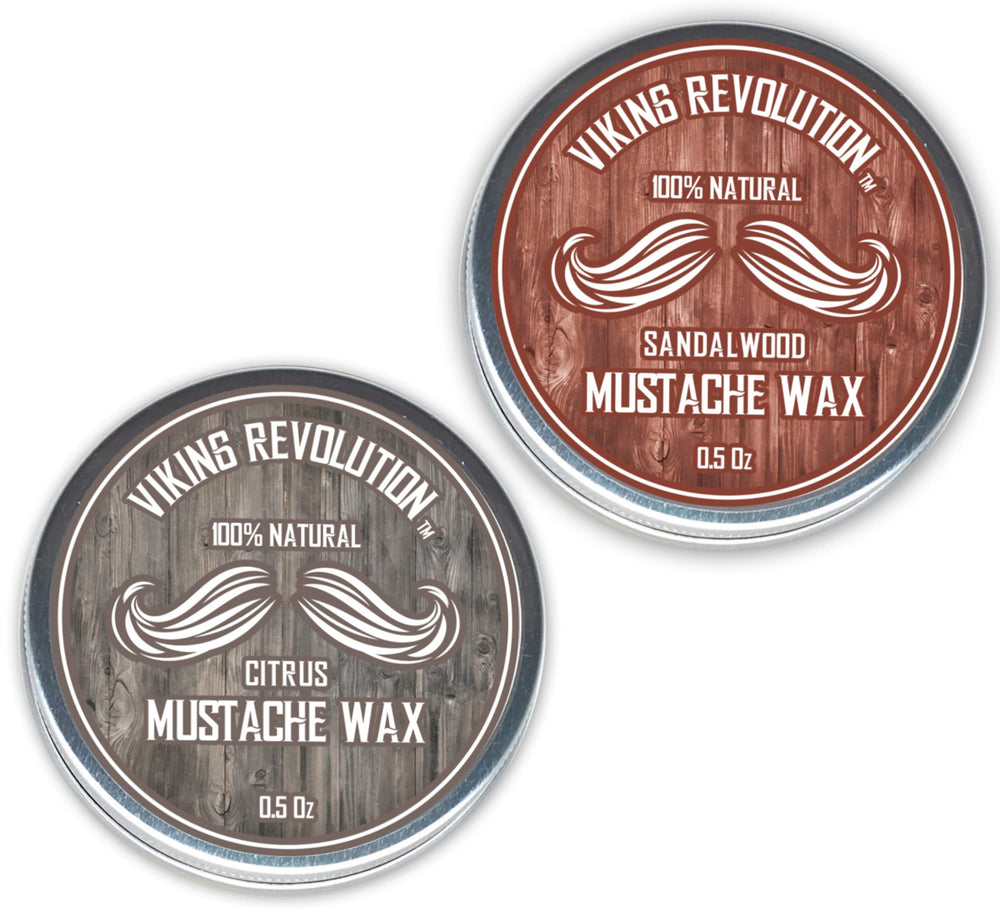 Viking Revolution mustache wax 2-pack jar closeup for strong hold and easy shaping