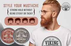 Viking Revolution mustache wax strong hold application close-up for controlled styling