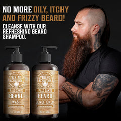 Viking Revolution Palo Santo beard conditioner bottle demonstrating softening and detangling benefits.