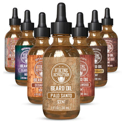 Viking Revolution Palo Santo beard oil bottle close-up showing a natural blend for smoother beard
